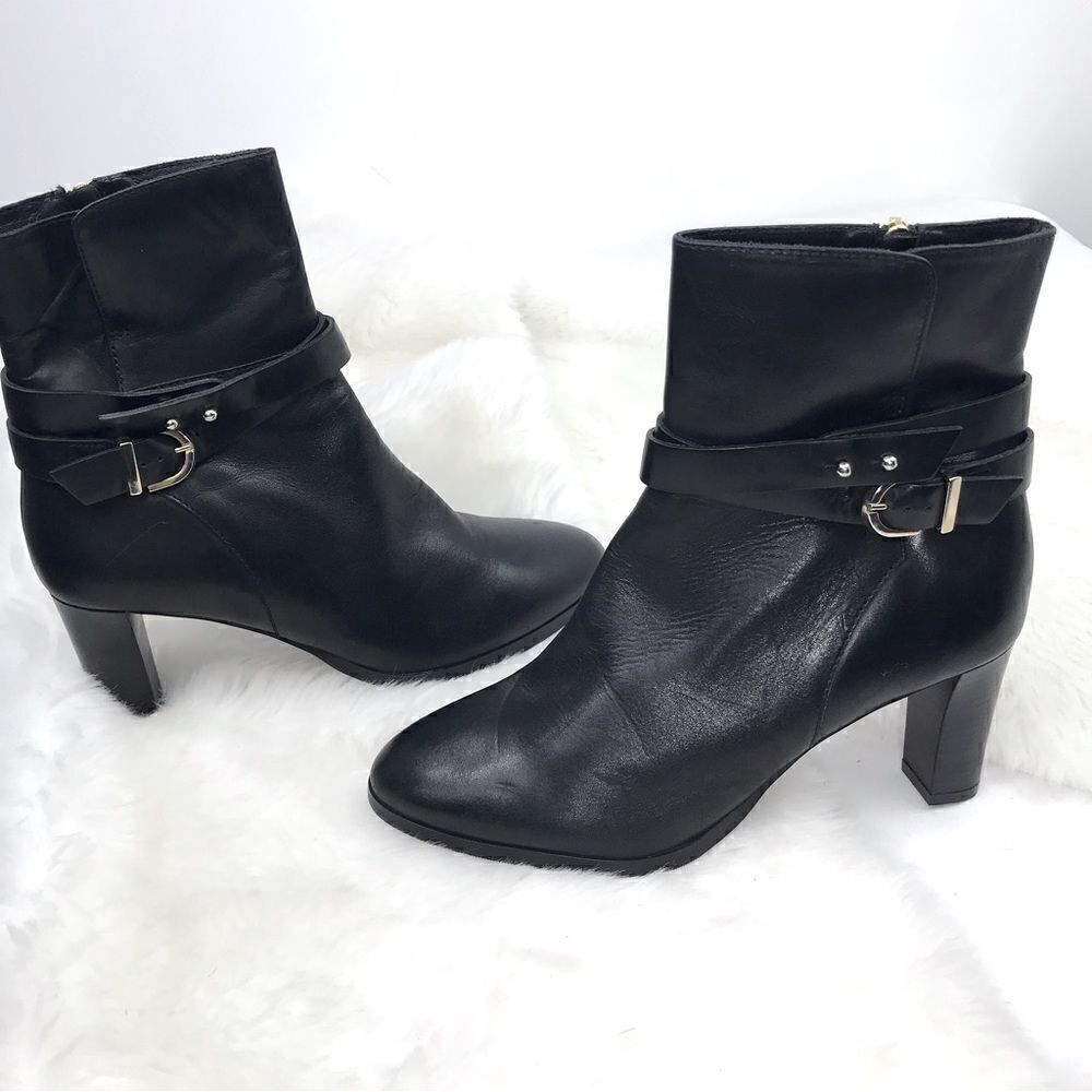 Anthropologie x Grigiarancio Black Italian Leather Buckle Side Heeled Boots